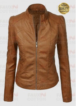 Women Zip Up Moto Brown Leather Jacket